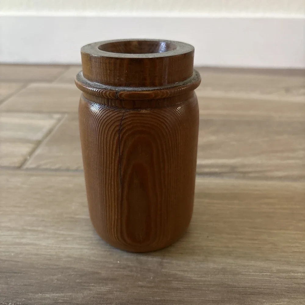 Vintage Wooden Jar Painted Brown Flowers Accent 5